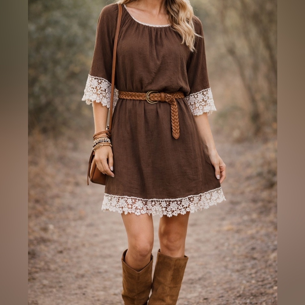 Umgee Boho Mini Dress Brown Lace Trim Flowy Peasant Cottagecore S